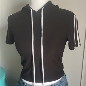 Fashion Nova Soft Black Hoodie Crop Top with White Striped Short Sleeves